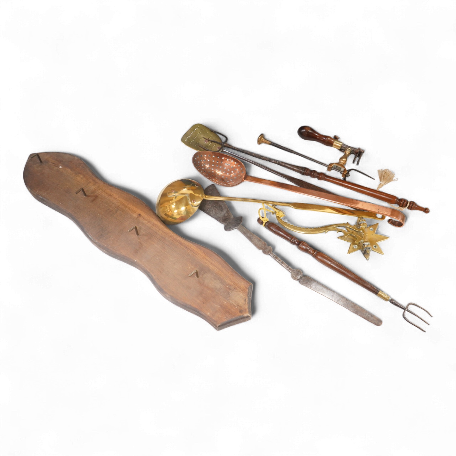 A 19th century toasting fork - longest 59cms, strainer spoons, etc